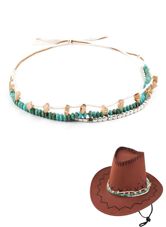 KGCGJVB Cowboy Hat Bands for Women Turquoise Beaded Hatband with Ribbon for Straw Hats Decorative Western Style Accessories for Cowgirl Outfits Adjustable Size Hat Band with Beads for Women’s Hats - Image 1